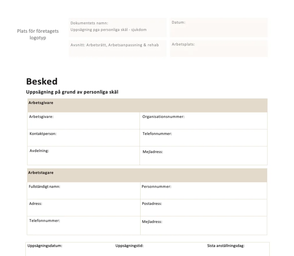 uppsägning på grund av personliga skäl – sjukdom