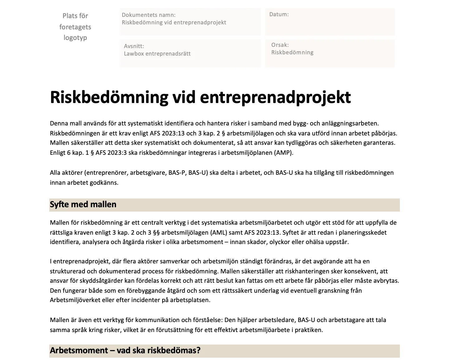 Riskbedömning vid entreprenadprojekt