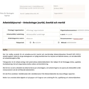Arbetstidsjournal – Anteckningar jourtid, övertid och mertid
