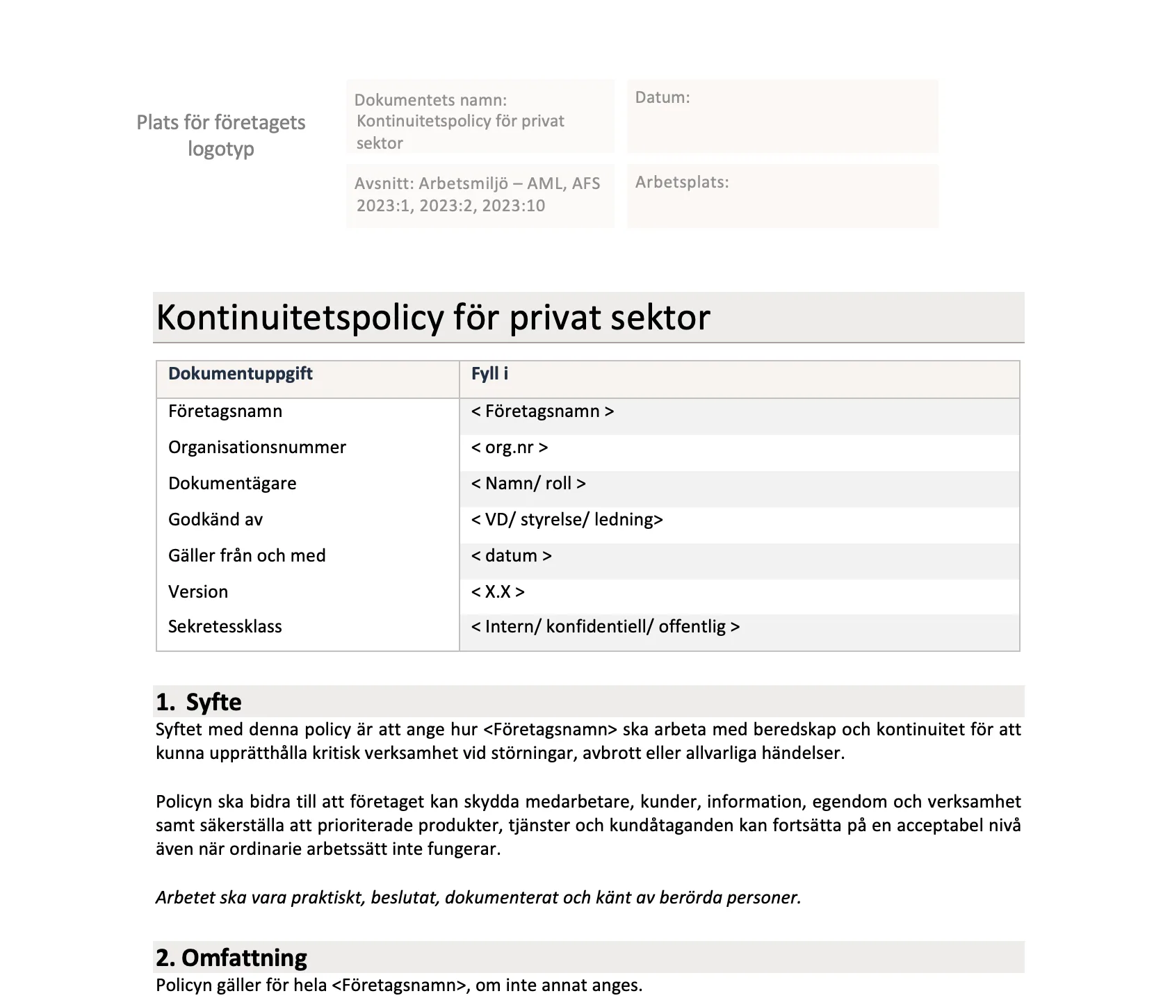 Kontinuitetspolicy för privat sektor