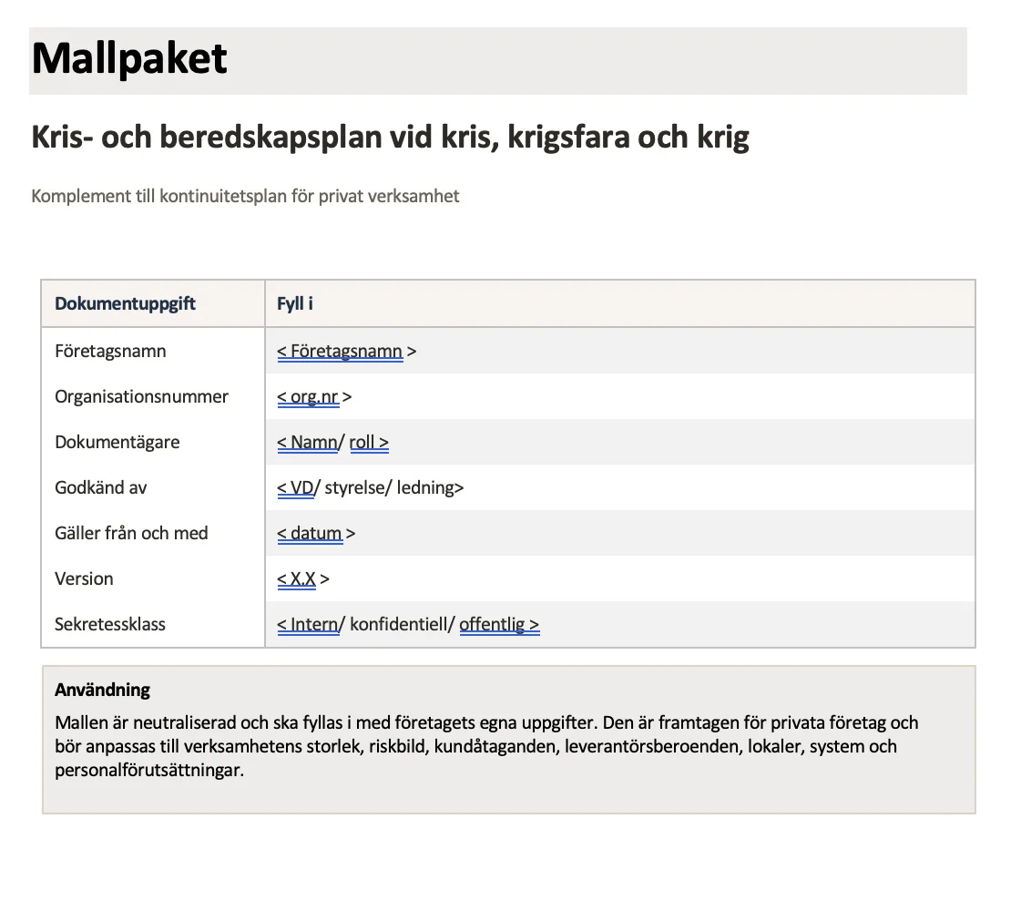 Mallpaket för kris- och beredskapsplan